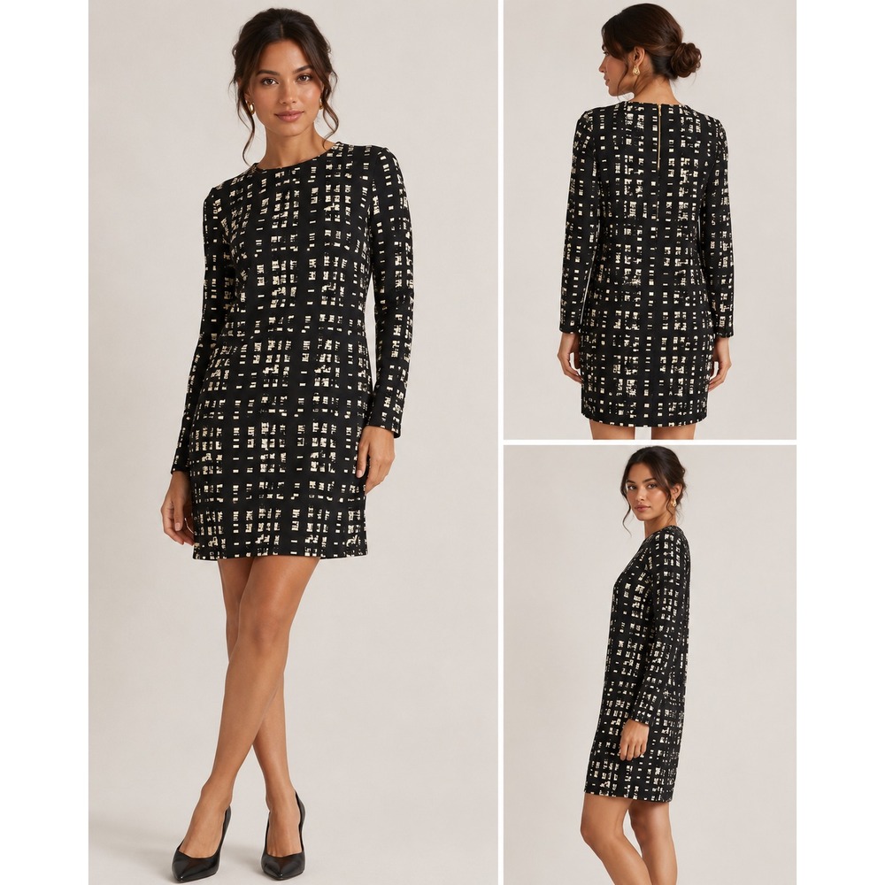 Michael Kors Sheath Dress Womens XS Black Cream Excellent Long Sleeve Geometric
